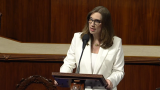 Rep. McBride speaks into a microphone at a podium on the House floor.