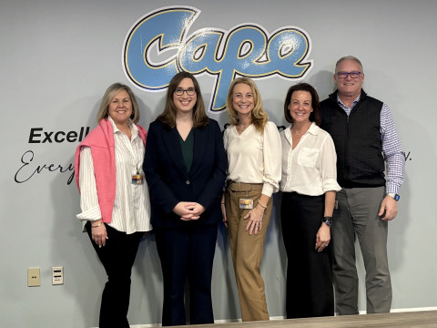 Rep. McBride poses with leadership at Cape Henlopen School District